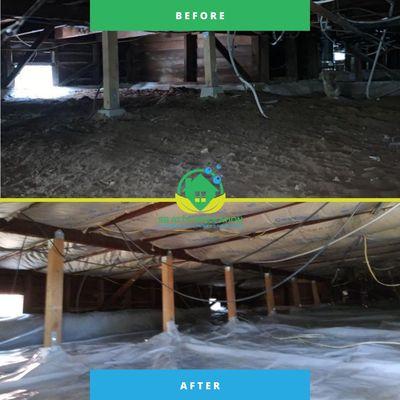 Crawl space vapor barrier and R-19 faced insulation, before and after