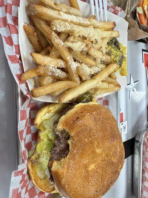 Baja Burger with garlic Parmesan Garlic Fries