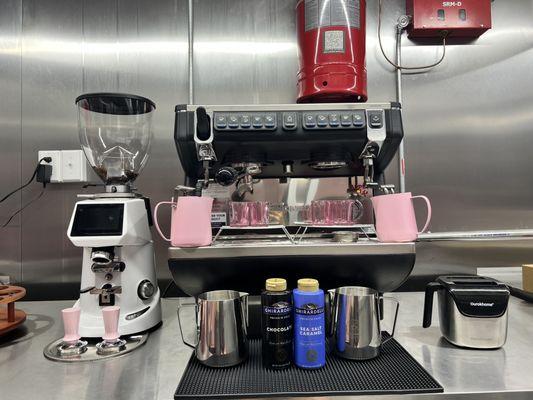 Espresso machine & grinder with pink accessories!