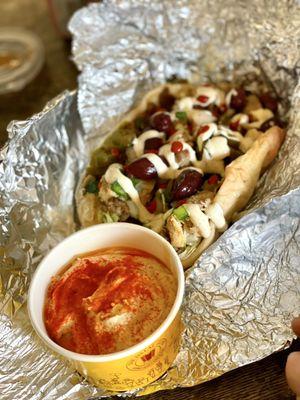 Halal Guys' Combo sandwich with everything.