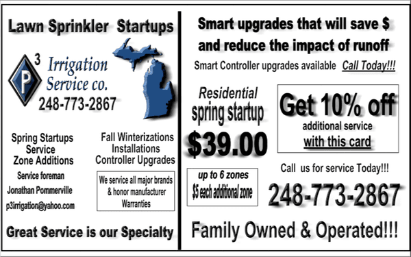 P3 Irrigation service - sprinkler service co. 248-773-2867
Livonia, Northville, Plymouth, Canton, Farmington