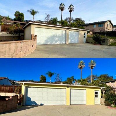 Our garage before and after the dry rot repair, new gutters, and all new paint job!