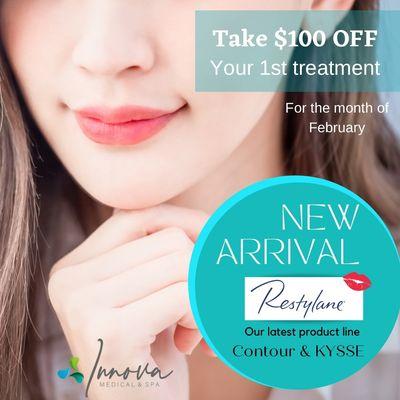 New product! We now carry Restylane Contour for cheeks and define your jawline and Restylane KYSSE for that pouty supple lips.