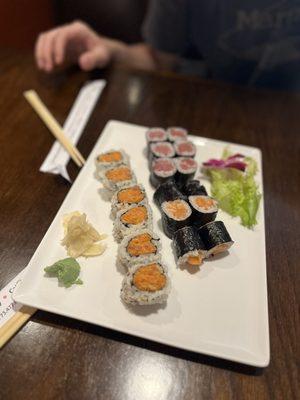 lunch special: spicy tuna roll, salmon roll, and tuna roll for $18