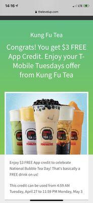 $3 off Kung Fu Tea for T-Mobile Tuesday 4/27/21!!