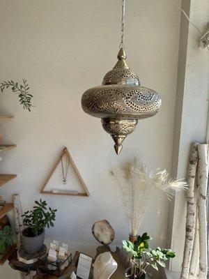 Corner of shop. Morrocan chandelier.