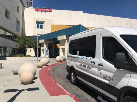 Waiting at Downey Kaiser Permanente Emergency, for a wheelchair transportation to Pacific Palisades, CA