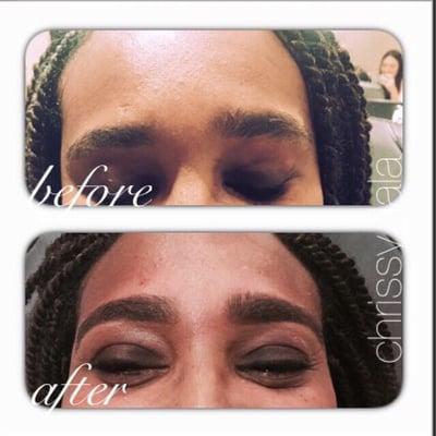 Before & After. First time brow client! Virgin brows never been waxed. Keeping full arch, low maintenance, minimal products need