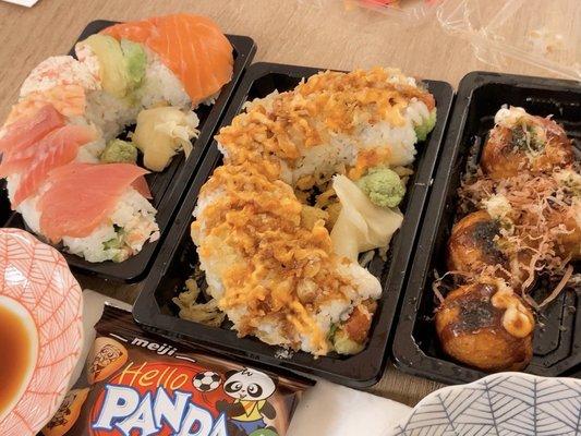 Rainbow sushi roll, spicy tuna crunch roll, takoyaki and snack!