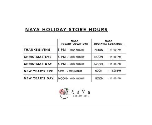 NAYA Holiday Store Hours