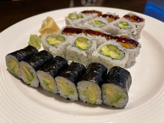 AAC roll, avocado roll and sweet potato roll.