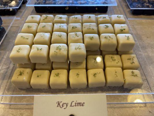 A summer favorite! Our Key Lime Truffle featuring a white chocolate ganache infused with key lime juice and freshly grated key lime zest.