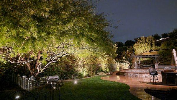 A backyard lighting design where we chose a equal distance for every fixture creating a green wall effect