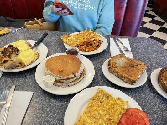 Monkey pancakes.   Omelets