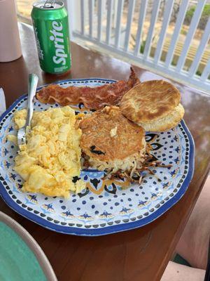 Two egg combo, with hash browns and bacon