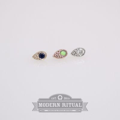 14k white, yellow, and rose gold  millgrain teardrops with genuine sapphires, diamonds, and opals from BVLA.