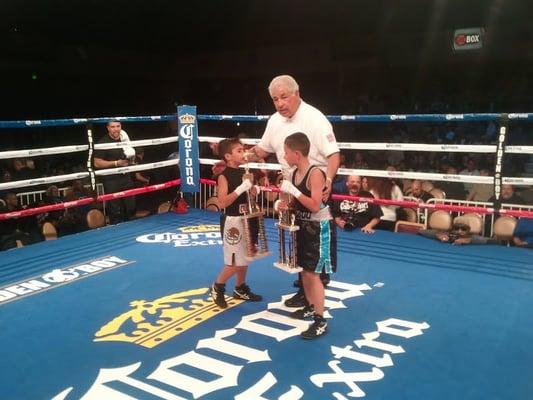 Golden Boy Promotions invite to Team United 365! 8yr old Aidrian"Boo Boo"Hernandez in the blue and black trunks represented well