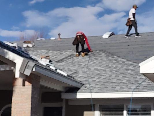 Roofers repairing storm damaged roof in Longmont, CO