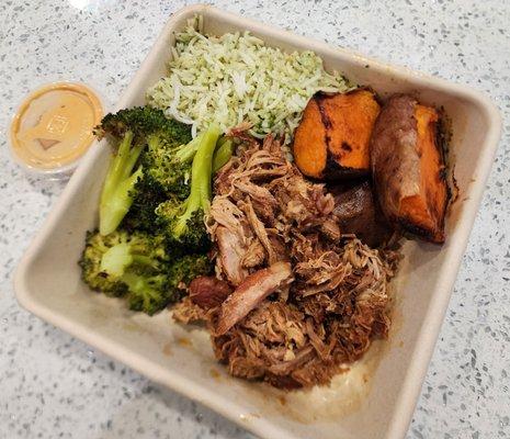 Braised pork with basmati rice, brocolli and sweet potatoes