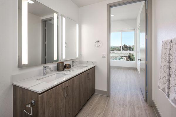 Glamor style spotlight mirrors, modern wood cabinetry and premium silver finishes. Walk in shower with rainfall style showerhead.