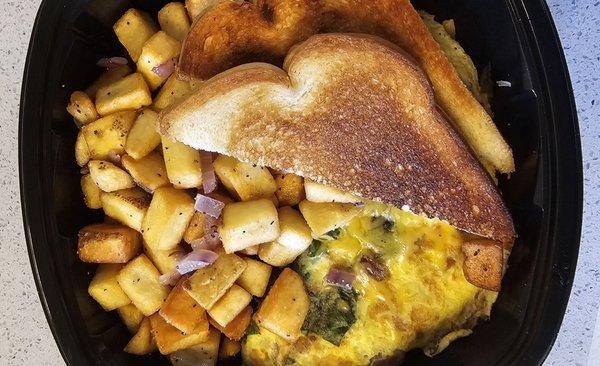 Omelette, potatoes, and toast