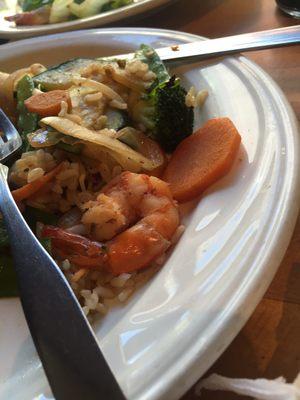 The smallest full-sized shrimp paired with frozen veggies are supposed to be shrimp stir fry with fresh garden vegetables.