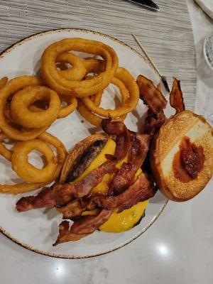 Cowboy  burger with onion rings.