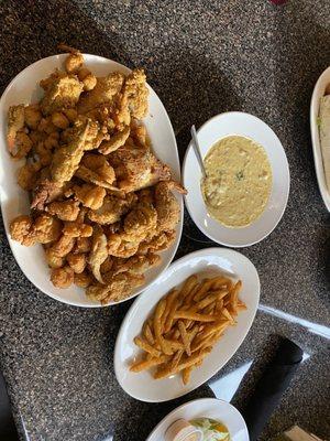 Fried Seafood Platter With Crab and Corn Bisque