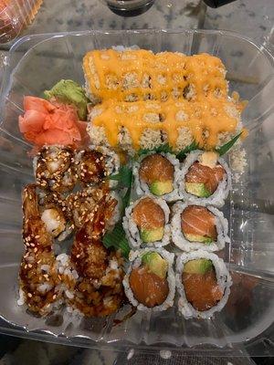 6 Piece Salmon Avocado Roll Crunchy California w. Cream Cheese Roll 6 Piece Shrimp Tempura Roll