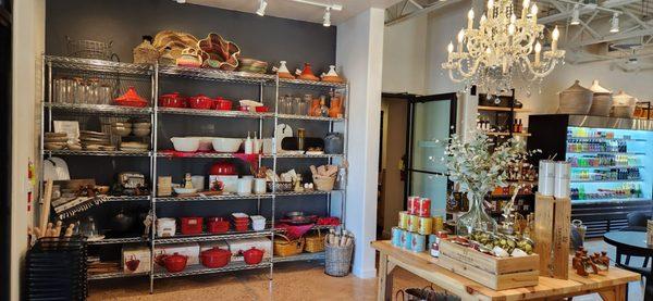 Stoneware & cookware. Note: top left red pot is a Moroccan tagine cooking vessel. Don't see that every day.