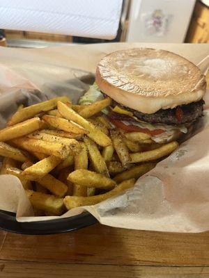 1/2 lb Bacon cheeseburger with Seasoned fries.