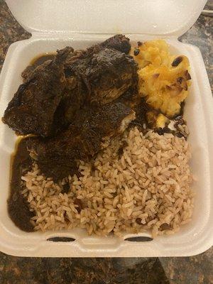 Large Jerk Chicken, Rice and Peas, and Mac and Cheese