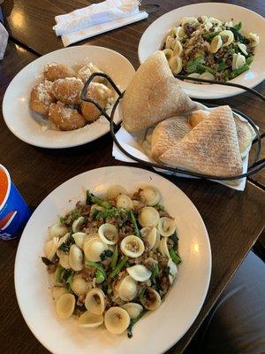 Orecchiette w/ Crumbled Sausage & Broccoli Rabe , Pizza Bread & Garlic Zeppoles