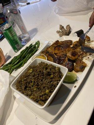 Pork Chops, Rice and peas and green beans