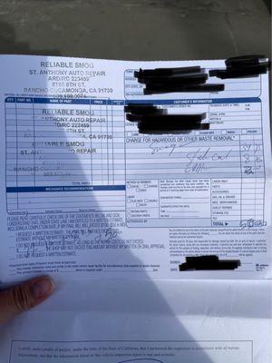 Smog test receipt