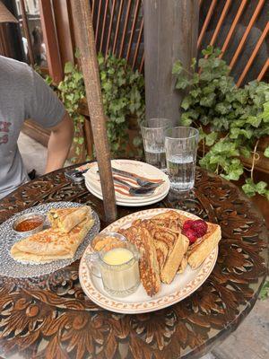 thai tea babka french toast, breakfast sandwich