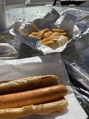 Hot dogs, French fries, and homemade pierogis