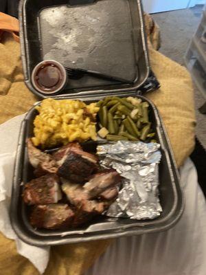 Rib tip plate w/ mac and green beans w/ potatoes