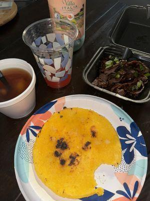 Beef teriyaki and Miso Soup with my Arepa lol