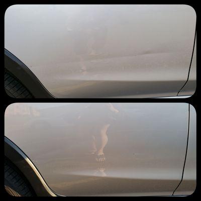 From the picture you can barely tell there was a dent there before. Top: Before & Bottom: After