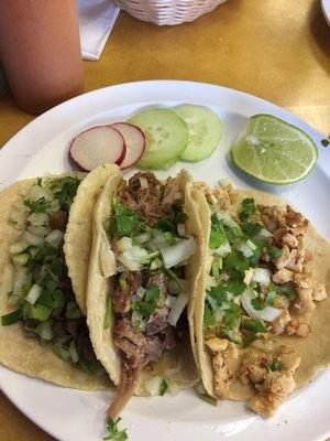 From left to right--tongue, Carnitas, Chicken Taco