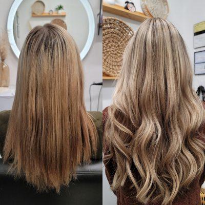 Before and after. Color correction and hand tied extensions