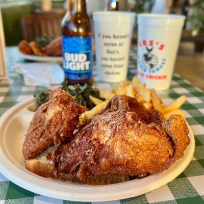 2 piece breast, wing, fries & greens with a frosty woke bottle of Bud Light.