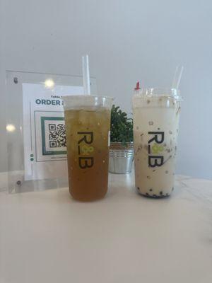 honey green tea on the left, brown sugar boba on the right!