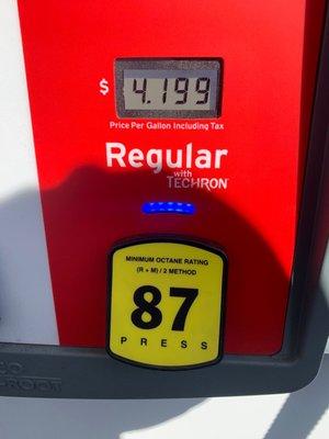 $4.20 per gallon 87 octane cash or Chevron card otherwise $.10 more per gallon