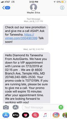 The text conversation I had with auto giant