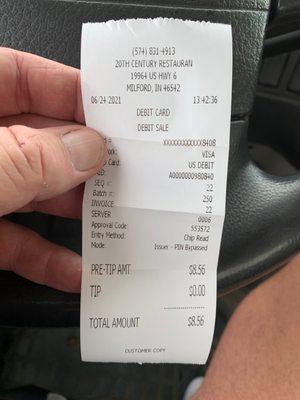 My receipt for hamburger fries and a drink, tip was left separate