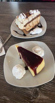 NY Style cheesecake with raspberry sauce & peanut butter pie.