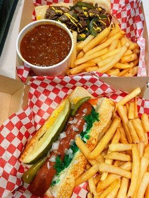 Chicago dog in the front, Philly dog + chili in the back