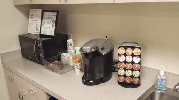 Need a "pick me up?" Free K-cups are at every one of our offices! We have a microwave and fridge for you to use too!